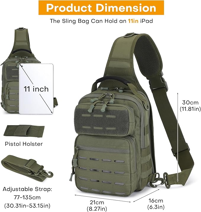 HUNTVP Sling Bag for Men Concealed Carry Bag Tactical Sling Bag Crossbody Molle CCW Chest Pack Backpack EDC Military Shoulder Bag with Holster &amp Accessory Slots Army Green