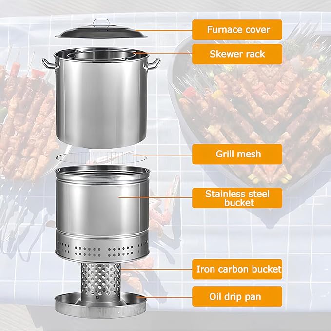 Large Portable Charcoal Grills Stainless Charcoal BBQ Grill Barrel 360° Smokeless Outdoor Barbecue Grill for Travel Outdoor Cooking and BBQ Camping Grill Picnic Patio Backyard
