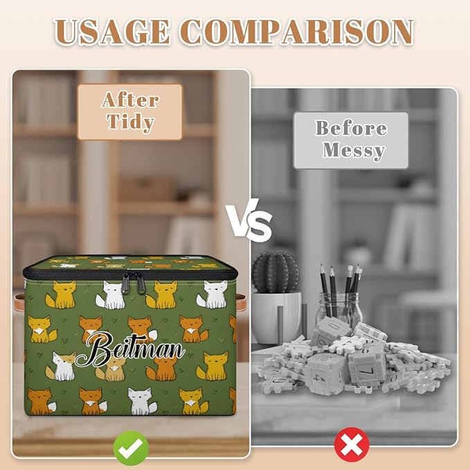Storage-Bins with Lids Personalized Closet-Storage-Bins Under-Bed Stackable-Cubes-Box for Home Bedroom Fox Green