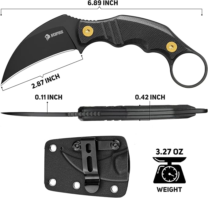 NedFoss VULTURE EDC Fixed Blade Knife with Kydex Sheath 2.87 14C28N Steel Tactical EDC Knife with G10 Handle and Adjustable Belt Clip Horizontal Carry Belt Knives for Men Women