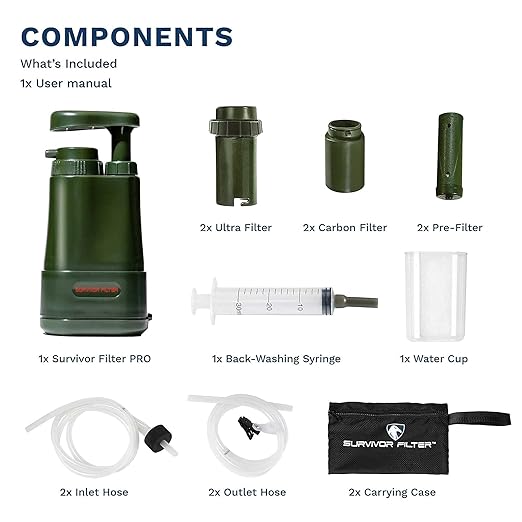 Survivor Filter PRO Extender Series – Portable Water Filter Pump with Extra Replacement Filters – Tested in USA Labs – Bacteria Parasite and Virus Removal – Ultimate Survival &amp Backpacking Gear
