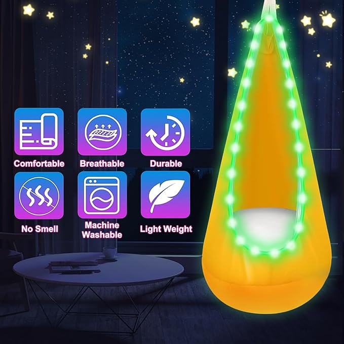 Light Up Kids Pod Swing Seat Upgraded Kids Hanging Hammock with LED Lights Swing Chair for Indoor &amp Outdoor (Orange)