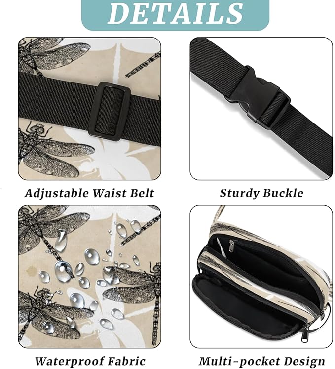 Hand Painted Abstract Dragonflies Waterproof Fanny Pack for Women Men Adjustable Waist Bag with Double Zipper Pockets Lightweight Square Hip Pack for Running Travel Hiking Workout Cycling