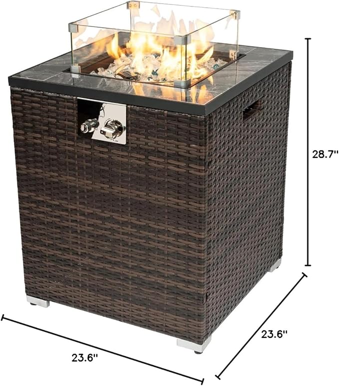 24in Outdoor Propane Gas Fire Pit Table 40000 BTU Auto-Ignition Gas Firepit with Glass Wind Guard Marble Tile Tabletop Mixed Color Glass Rocks Brown PE Rattan