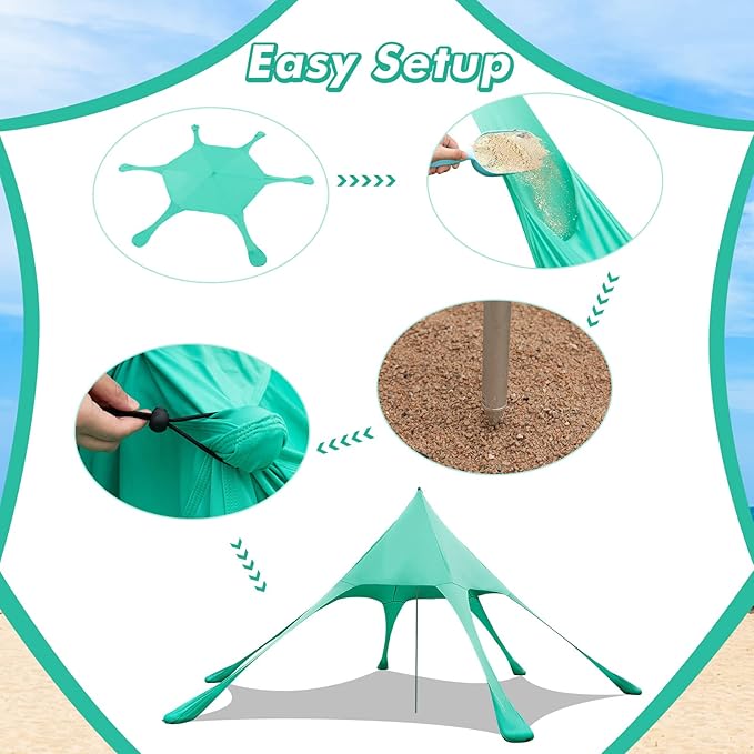 HAPPYGRILL Beach Canopy Sun Shelter with Aluminum Pole 20 FT x 20 FT UPF 50+ Pop Up Tent with Sandbag Tent Pegs Sand Shovel Carry Bag Portable Outdoor Sunshade for Camping Sport Events Picnic