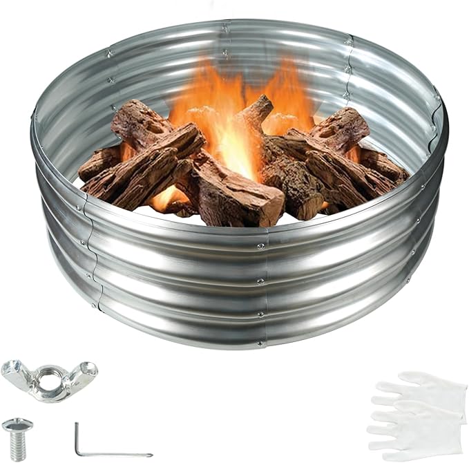 YSEJOMP 32 Inch Diameter Round Galvanized Fire Pit Ring/Fire Ring - Foldable and Perfect for Outdoor Gatherings and Campfires in The Yard/Garden/Park/Beach (Silver 2.7 FT Diameter)