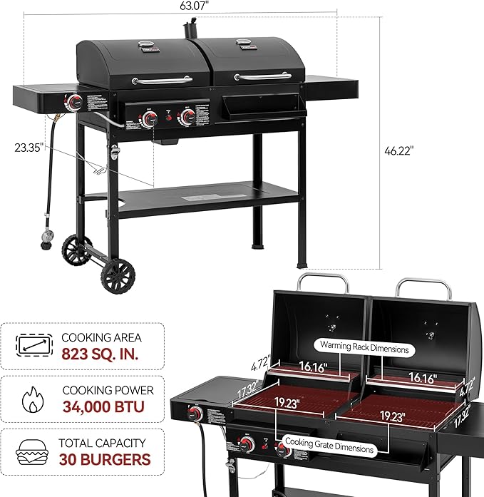 ZH3005 2-Burner Gas and Charcoal Combo Grill with Side Burner 34000 BTU Dual Fuel Grill 823 Sq. In. Cooking Area for Outdoor Patio Garden Picnic Backyard Cooking Black