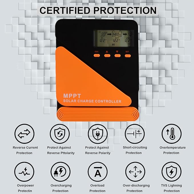 30A 100V MPPT Solar Charge Controller 12V/24V Auto Adaptive Dual 5V/3A USB Charging Port for LiFePO4 LA Lithium TL Gel Flooded and AGM Battery