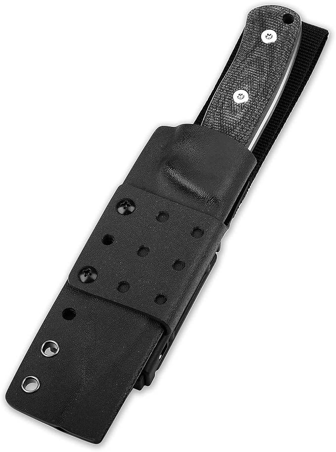 QSP Bison Fixed Blade Knife 4.5'' D2 Satin Blade Camping Knives with Kydex Sheath Black Micarta Handle EDC Knife for Outdoor Hiking Survival Hunting