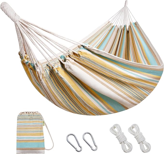 Brazilian Hammock with Tree Straps - Cotton Hammocks Portable Hammock with Carry Bag for Backyard Porch Outdoor and Indoor Use Yellow &amp Green