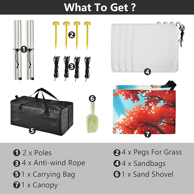 xigua Maple-Tree Beach Tent Sun Shelter with Carrying Bag - Silver Coated Oxford Fabric Beach Canopy for Beach Camping Fishing - Includes Windproof Ropes Sandbags &amp Stakes