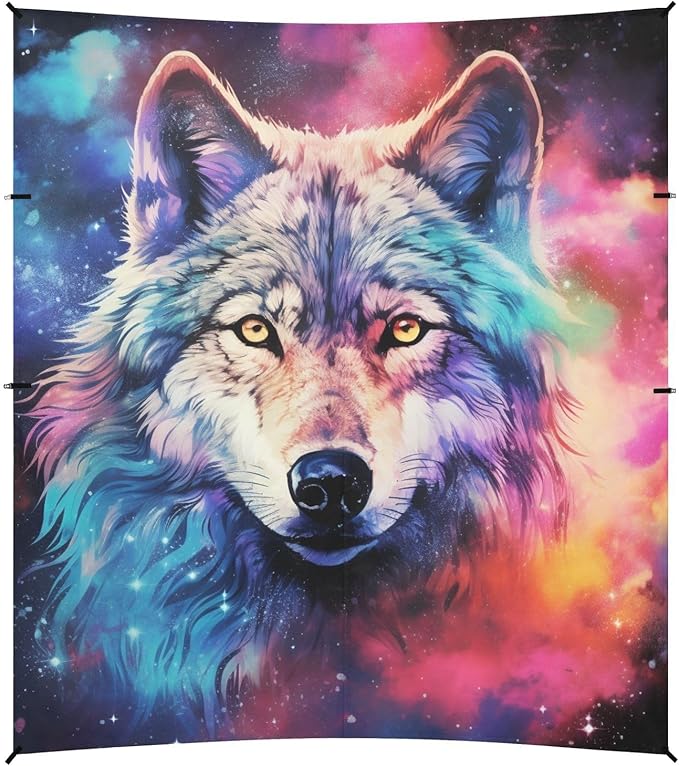 ALAZA Wolf Colorful Sky Space Galaxy Wolf Beach Tent Sun Shelter Portable Canopy Sunshade for Outdoor Camping Picnics Backyard Fun 10x9 ft