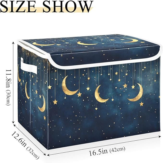 AIXIWAWA Storage Cube with Lid (Golden Moon and Stars) Fabric Foldable Closet Bins with Flip Lid and Handles Organizer Basket Container 16.5 x 12.6 x 11.8 IN