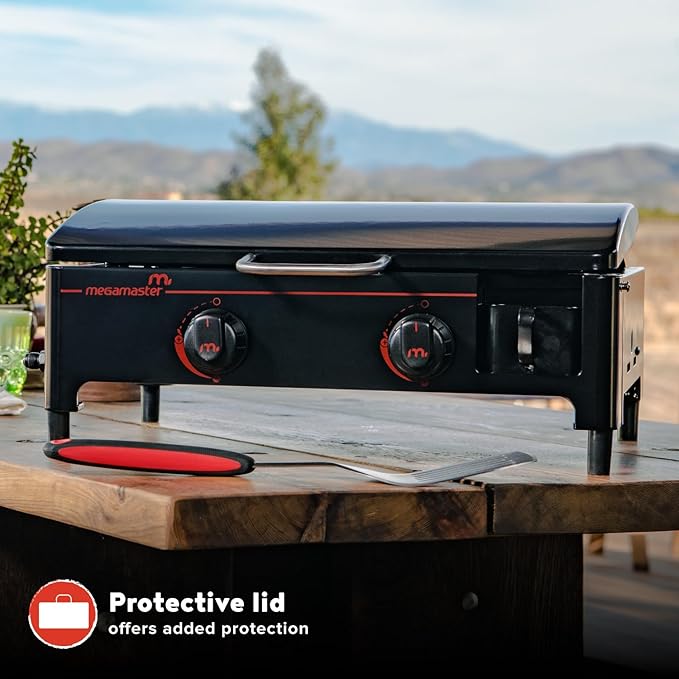Megamaster 2-Burner Portable Gas Griddle with Built-In Lid 18000 BTUs 282 SQ In Cooking Space Small Tabletop Propane Griddle for Outdoor Cooking Camping BBQs and Parties - 820-0054D