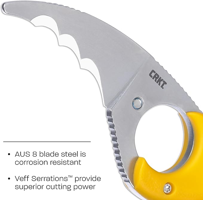 CRKT Bear Claw Fixed Blade Knife with Sheath: Rafting Rescue Self-Defense Serrated Blade with Blunt Tip Yellow Glass-Reinforced Nylon Handle Positive Sheath Lock 2511Y