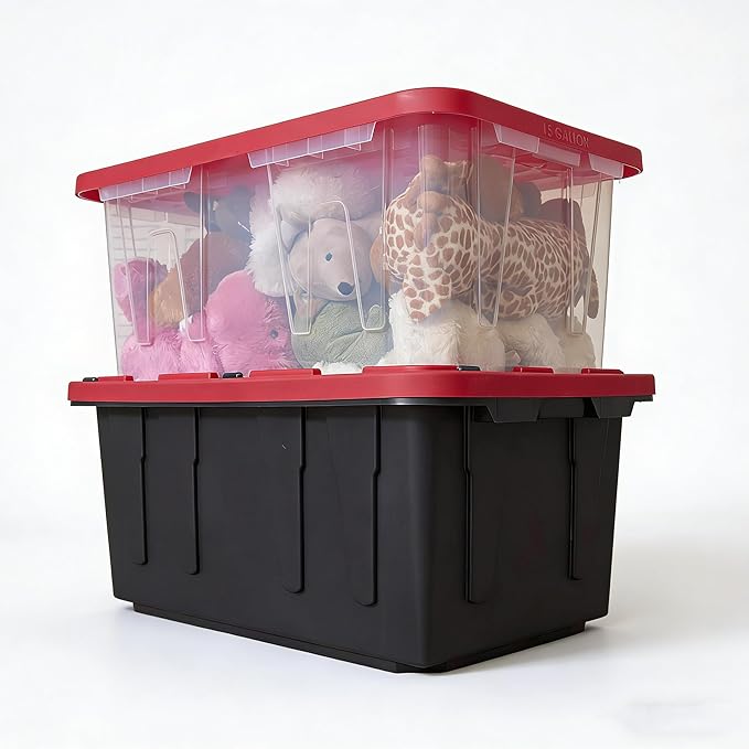15-Gallon Clear Heavy Duty Plastic Storage Bin with Secure Red Snap Lid Large Durable Storage Container Tote for Home Organization
