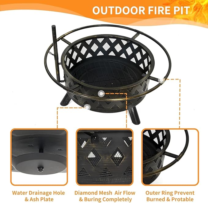 2 in 1 Firepit with Grill 30 Inch Outdoor Fire Pit with Mat &amp Spark Screen &amp Cooking Grate - Large Round Steel Fire pits for Patio Backyard &amp Garden - Includes Poker for Wood Burning &amp