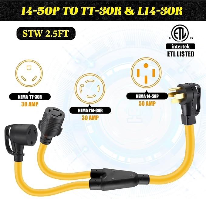 Kanayu 14-50P to TT-30R &amp L14-30R 50 Amp to 30 Amp RV Generator Adapter Cord Compatible with NEMA 50Amp RV Generator to 30Amp EV/RV Charging and House Inlet Box 8/2+10/2 STW AWG ETL Listed 2.5