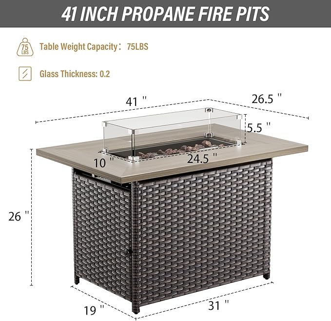 Belord 50000 BTU Propane Fire Pit Table with Lid and Lava Rock 41 inch Rectangular Outdoor Firepit Wicker Furniture Fireplace Table Perfect for Relaxed Outside Patio Backyard Ambiance Brown