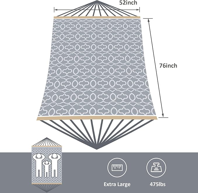 SUNCREAT Hammocks Double Rope Hammock with Wooden Stand Included Outdoor Hammocks with Polyester Pad for Outside 475 lbs Capacity Gray