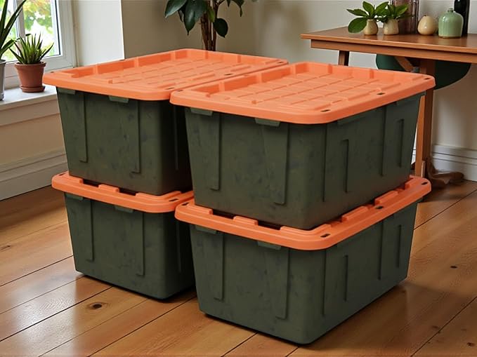 Heavy-Duty Storage Tote 27 Gallon Black and Orange 30.6 W x 20.6 D x 14.3 H (4 PACK)