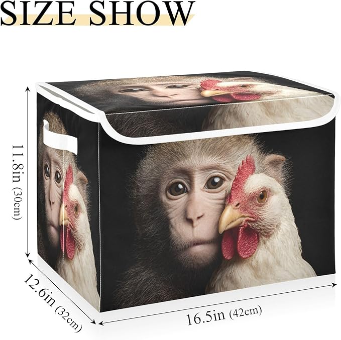 Monkey Rooster Print Storage Basket Bins with Lid Foldable Flip-top with Handle for Home Office 16.5×12.6×11.8 in 1 Pack
