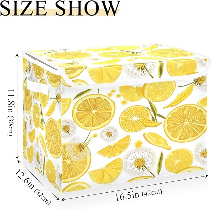 Collapsible Storage Bins with Lids Decorative Fabric Storage Cubes Closet Organizer and Storage Basket Boxes Containers for Clothes Box Chest Folding Rectangle Yellow Summer Lemon Sli
