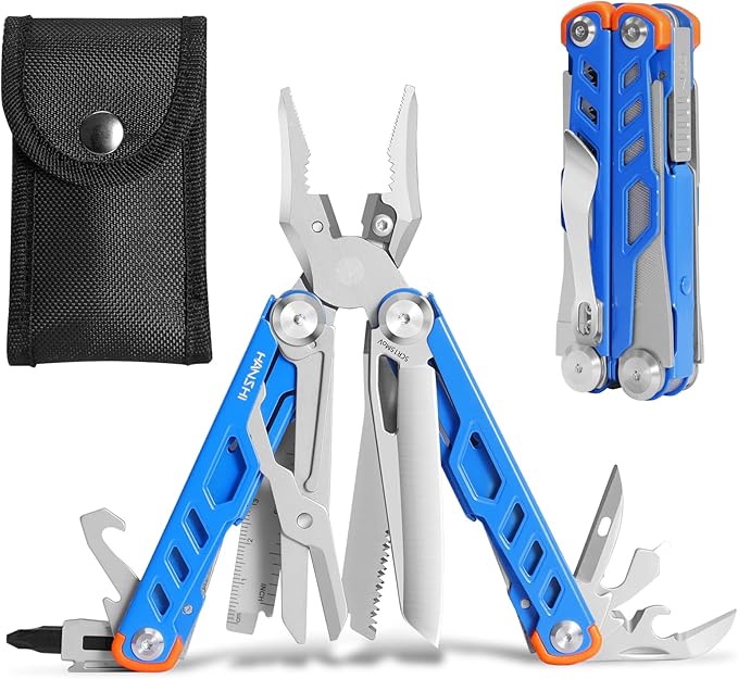 HANSHI 15 in 1 Multitool Pliers with Scissors Upgraded Heavy Duty Stainless Steel Multi Tool with YG10 Tungsten Steel Replaceable Wire Cutters for Survival Camping HikingRepair and Gift (Blue)