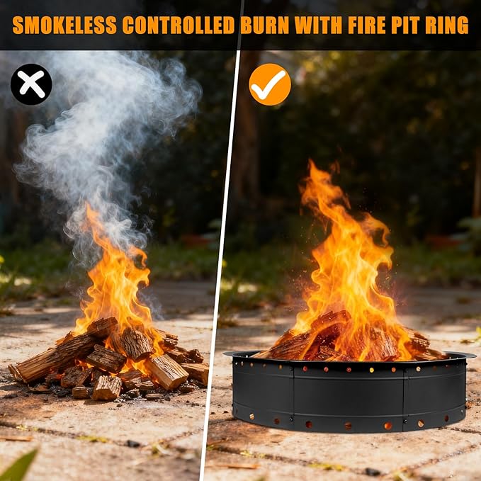 36 Inch Fire Pit Ring Large Outdoor Campfire Pit for Patio Backyard Garden Smokeless Steel Firepit with Air Vent for Efficient Burning &amp Anti-Rust Coating Black Steel