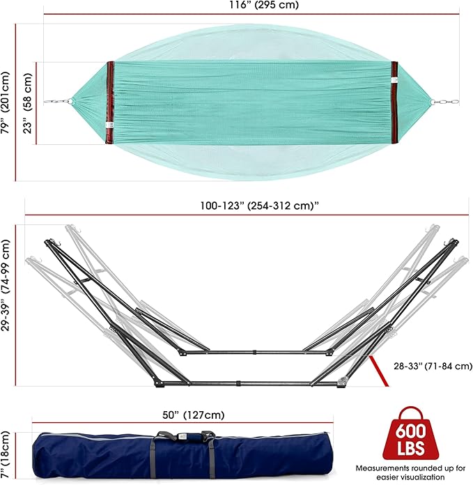 Tranquillo 600lb Capacity 2 Persons Instant Set Up NO Screw Needed Foldable Portable Double Hammock with Stand &amp Carry Bag for Garden Camping Sky