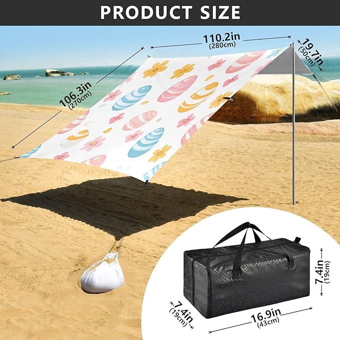 Cute Floral Easter Eggs Beach Tent Sun Shelter Set UPF50+ UV Protection 10.5 x 9.19 FT Camping Shade Canopy with Sandbags Sand Anchors Carrying Bag and Others