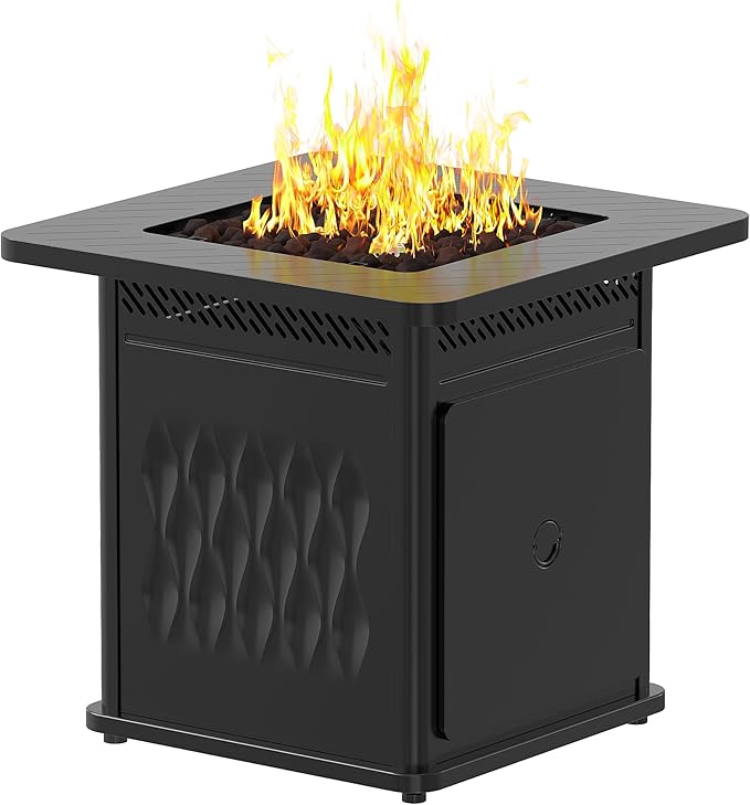 EAST OAK 28'' Propane Fire Pit Table 50000 BTU Steel Gas FirePit for Outdoor Outside Patio Deck and Garden CSA Certified Fire Table with Magnetic Lid Cover-Storage Basket and Lava Rock  Black