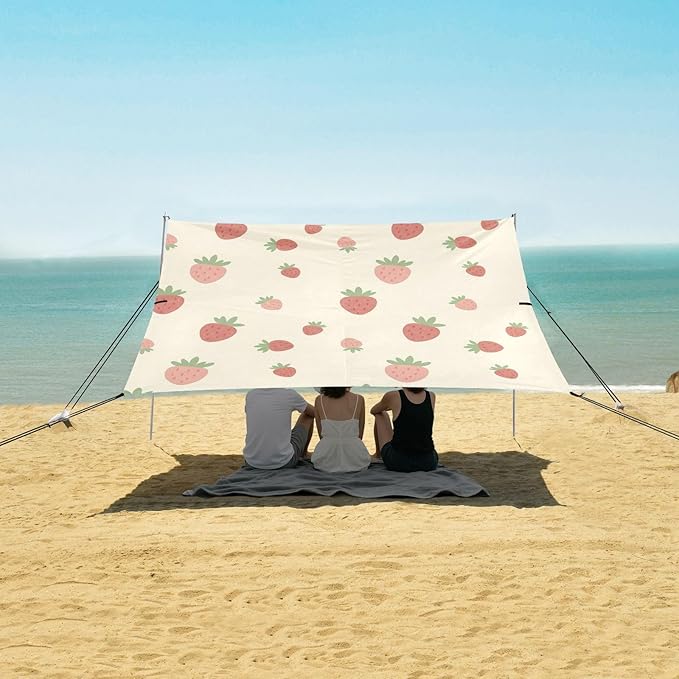 xigua Strawberry Beach Tent Sun Shelter with Carrying Bag - Silver Coated Oxford Fabric Beach Canopy for Beach Camping Fishing - Includes Windproof Ropes Sandbags &amp Stakes