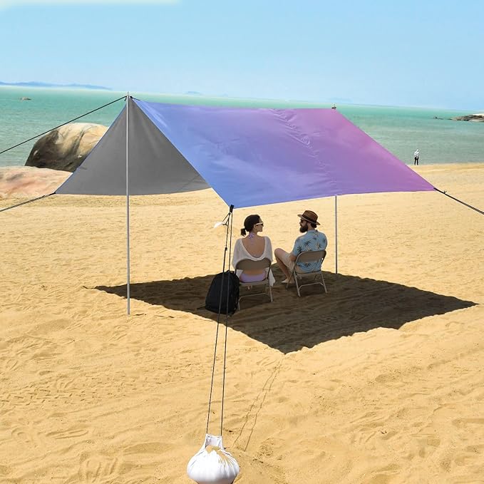 Pink Blue Gradient Stable Beach Tent UPF50+ Water-Resistant Large Portable Sun Shelter with Sandbags Sand Shovel Poles for Camping Trips Fishing Backyard Fun or Picnics