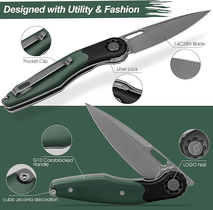 FINTISO Pocket Knife 3.5 Folding Knife Premium 14C28N Blade Bicolour G10 Handle Design with Pocket Clip for Men Women Small EDC Knife for Camping Hunting Hiking Survival and Outdoor Activities