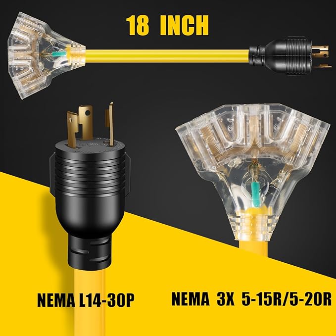 30 Amp to 110 Outdoor Generator Adapter Power Cord 3 Prong Locking 30 Amp to 15 Amp Generator Cord NEMA L5-30P Male to 3X 5-20R Female with Lighted End 1.5FT