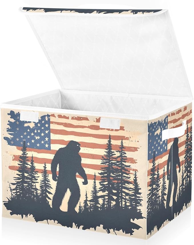 Sasquatch America Poster Storage Cube Bins Basket with Lid Collapsible Flip-top Fabric with Handle for Home Bedroom Closet Office 16.5×12.6×11.8 in
