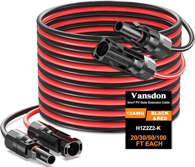 Vansdon 2x30 Feet Solar Panel Extension Cable 12AWG Solar Cable Solar Panel Cable with Female and Male Waterproof Connectors for RV Photovoltaic Systems (30FT Red + 30FT Black)