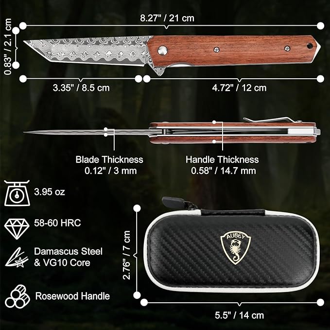 AUBEY Damascus Pocket Knife for Men Sharp Tanto Blade with VG10 Core Folding Knives with Wooden Handle and Glass Breaker for EDC Camping Gift Collection