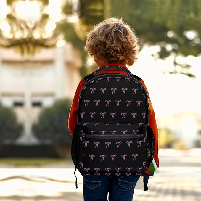Cute Bow Backpack for Girls Lightweight School Backpack with Front Pocket &amp Side Mesh Black Pink Pattern Bookbag for Elementary Middle School Students Back to School Daily Use