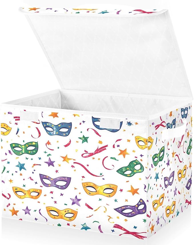 Christmas Storage Baskets with Lids Mardi Gras Colorful Mask Collapsible Bins Stackable Fabric Linen Baskets Closet Organizer Container 16.5x12.6x11.8