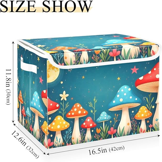 Storage Cube with Lid Night Mushroom Cartoon Print 16.5×12.6×11.8 IN Collapsible Large Capacity Foldable Storage Basket Bin Organizer