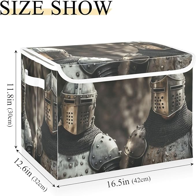 Storage Cube Medieval Knights Print with Lid Collapsible Large Capacity Foldable Storage Basket Bin Organizer 16.5×12.6×11.8 inches