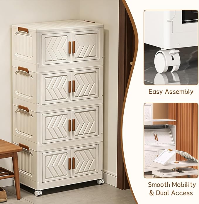 ETOYA 4-Tier Stackable Storage Bins with Lids 23QT Stackable Closet Organizers and Storage with Wheels and Magnetic Doors Foldable Plastic Storage Containers for Seasonal Clothes Toys Tools