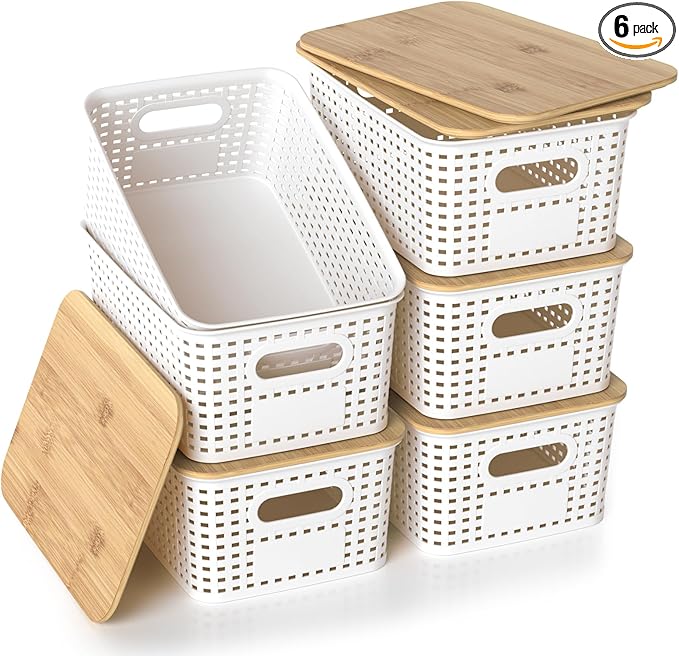 Plastic Storage Baskets with Bamboo Lids Stackable Small Box Bins for Organizing and Containers for Shelves Drawers Desktop Closet Pantry Classroom Office Home 6 Pack 10.2x7.2x4.1 Inch White