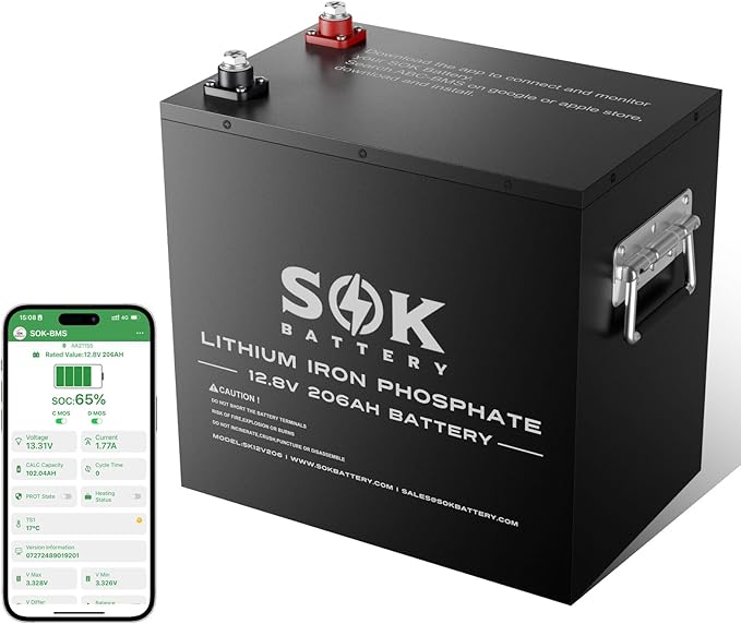 SOK Battery 12V 206Ah LiFePO4 Lithium Battery Deep Cycle Lithium Iron Phosphate Battery with Low-Temp Protection &amp Built-in Heater Suitable for RV and Solar &amp Wind Off-Grid Use