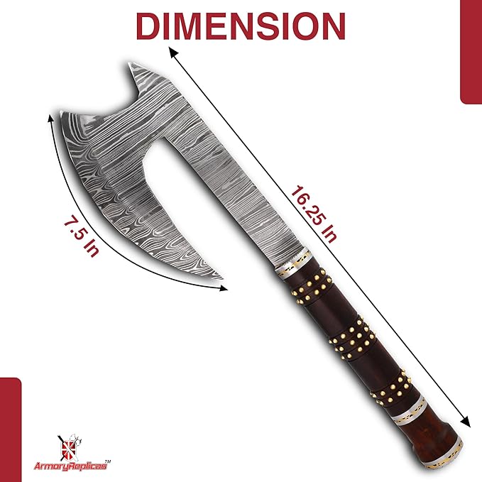 Armory Replicas™ Far Sight Full Tang Damascus Steel Bearded Axe Sheesham Wood Handle Brass Rivets Genuine Leather Sheath
