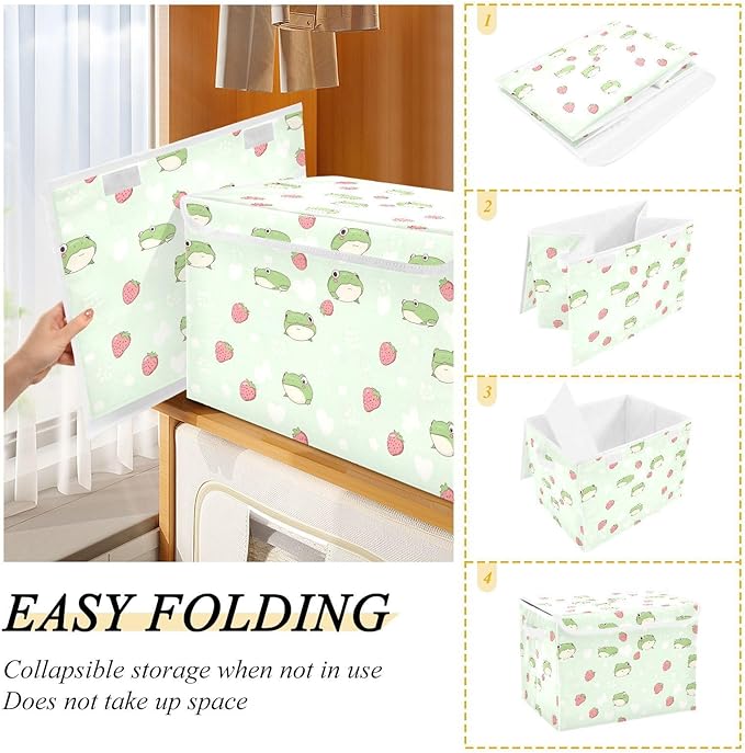 AIXIWAWA Lidded Storage Cube (Strawberry Frog) Fabric Foldable Closet Bins with Flip Lid and Handles Organizer Basket Container 16.5 x 12.6 x 11.8 IN