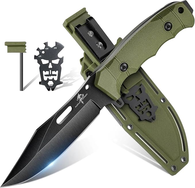 Purple Dragon Fixed Blade Knife with Kydex Sheath Green Ergonomic G10 Handle Gifts for Men