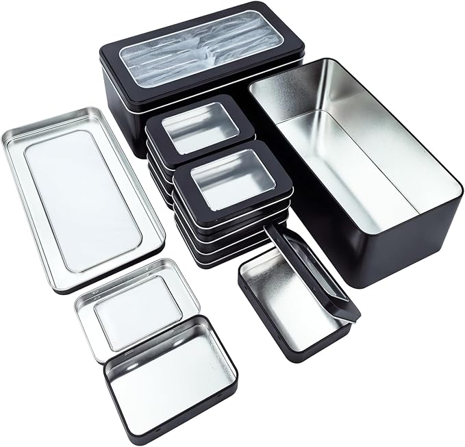 22 Pieces Mixed Sizes Rectangular Metal Empty Tins Containers Basic Necessities Home Storage Organizer Mini Box Set (Black)